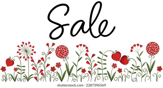 Sales banner. Vector graphic with flowers made of red hearts.