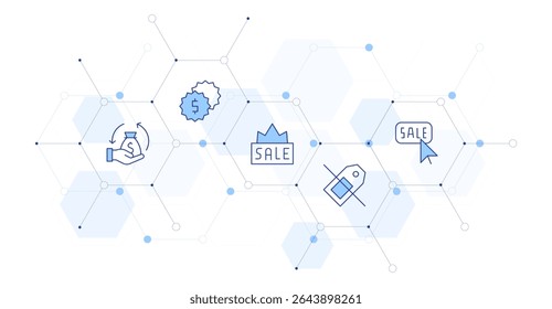 Ilustración vectorial de Anuncio de ventas con estilo de icono en el medio. Icono de línea Duotone. Conteniendo. ventas, ventas, ventas, no ventas.