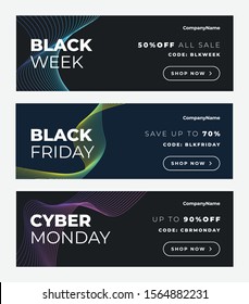 Sales banners, Black Friday, Black Week and Cyber Monday layout. Modern fluid abstarct modern design. E-commerce special offer. Elegant blak, dark graphic background.