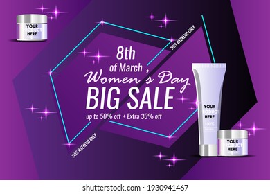 Sales Banners for cosmetic products and beauty product suppliers, on international women's day promos. Equipped with a cosmetic mock up, futuristic shapes and shining stars. for advertisting cosmetic