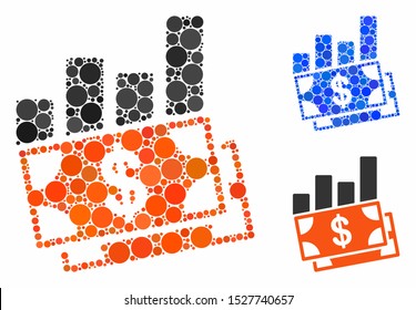 Sales bar chart composition of round dots in different sizes and color tones, based on sales bar chart icon. Vector round dots are grouped into blue composition.