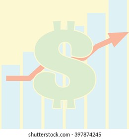 Sales Bar Chart. Growth of dollar concept. Flat design style.