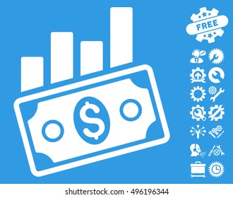 Sales Bar Chart icon with bonus tools pictograph collection. Vector illustration style is flat iconic symbols, white color, blue background.