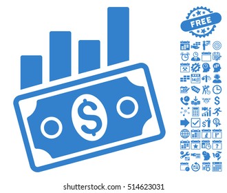Sales Bar Chart icon with bonus calendar and time management design elements. Vector illustration style is flat iconic symbols, cobalt color, white background.