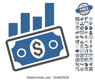 Sales Bar Chart icon with bonus calendar and time management pictograph collection. Vector illustration style is flat iconic bicolor symbols, cobalt and gray colors, white background.