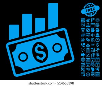 Sales Bar Chart icon with bonus calendar and time management pictures. Vector illustration style is flat iconic symbols, blue color, black background.