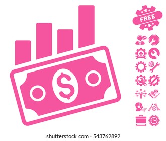 Sales Bar Chart icon with bonus tools design elements. Vector illustration style is flat iconic symbols, pink color, white background.