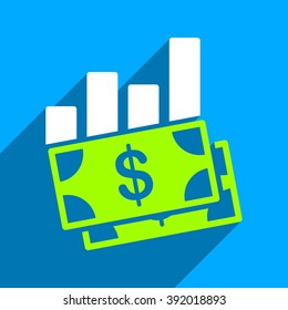 Sales Bar Chart long shadow vector icon. Style is a flat sales bar chart iconic symbol on a blue square background.
