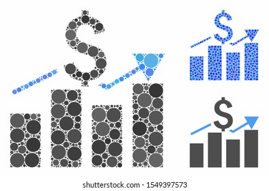 Sales bar chart mosaic of circle elements in different sizes and color tints, based on sales bar chart icon. Vector circle elements are composed into blue collage.
