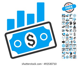 Sales Bar Chart pictograph with bonus calendar and time management images. Vector illustration style is flat iconic bicolor symbols, blue and gray colors, white background.