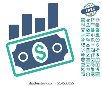 Sales Bar Chart pictograph with bonus calendar and time management pictogram. Vector illustration style is flat iconic bicolor symbols, cobalt and cyan colors, white background.