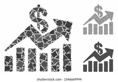 Sales bar chart trend mosaic of unequal items in variable sizes and color tinges, based on sales bar chart trend icon. Vector unequal items are united into mosaic.