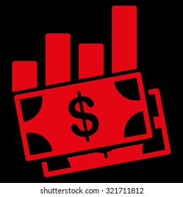 Sales Bar Chart vector icon. Style is flat symbol, red color, rounded angles, black background.