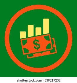 Sales Bar Chart vector icon. Style is bicolor flat rounded symbol, orange and yellow colors, rounded angles, green background.
