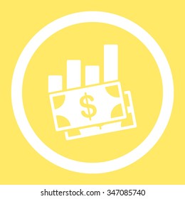 Sales Bar Chart vector icon. Style is flat rounded symbol, white color, rounded angles, yellow background.
