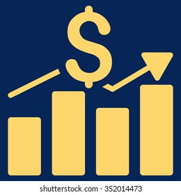 Sales Bar Chart vector icon. Style is flat symbol, yellow color, rounded angles, blue background.