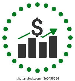 Sales Bar Chart vector icon. Style is bicolor flat circled symbol, green and gray colors, rounded angles, white background.