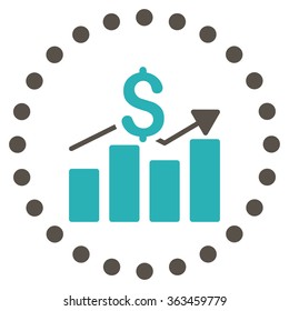 Sales Bar Chart vector icon. Style is bicolor flat circled symbol, grey and cyan colors, rounded angles, white background.