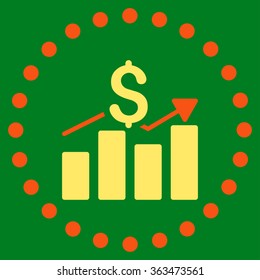 Sales Bar Chart vector icon. Style is bicolor flat circled symbol, orange and yellow colors, rounded angles, green background.