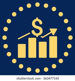 Sales Bar Chart vector icon. Style is flat circled symbol, yellow color, rounded angles, blue background.