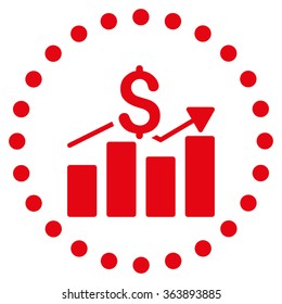 Sales Bar Chart vector icon. Style is flat circled symbol, red color, rounded angles, white background.