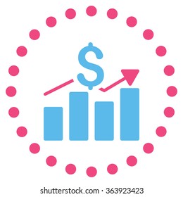 Sales Bar Chart vector icon. Style is bicolor flat circled symbol, pink and blue colors, rounded angles, white background.