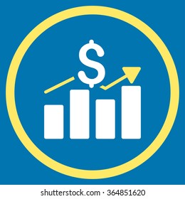 Sales Bar Chart vector icon. Style is bicolor flat circled symbol, yellow and white colors, rounded angles, blue background.
