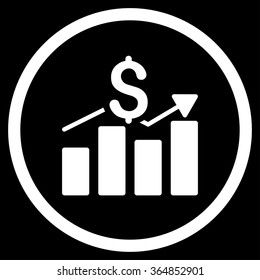 Sales Bar Chart vector icon. Style is flat circled symbol, white color, rounded angles, black background.