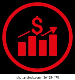 Sales Bar Chart vector icon. Style is flat circled symbol, red color, rounded angles, black background.