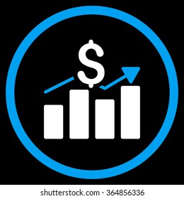 Sales Bar Chart vector icon. Style is bicolor flat circled symbol, blue and white colors, rounded angles, black background.