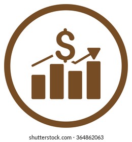 Sales Bar Chart vector icon. Style is flat circled symbol, brown color, rounded angles, white background.