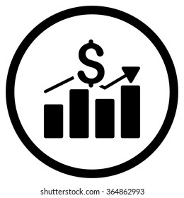 Sales Bar Chart vector icon. Style is flat circled symbol, black color, rounded angles, white background.