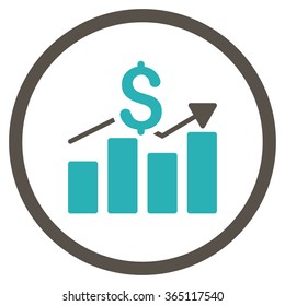 Sales Bar Chart vector icon. Style is bicolor flat circled symbol, grey and cyan colors, rounded angles, white background.