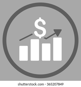 Sales Bar Chart vector icon. Style is bicolor flat circled symbol, dark gray and white colors, rounded angles, silver background.