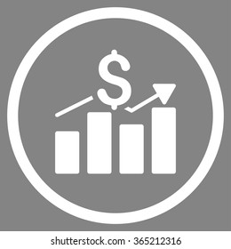 Sales Bar Chart vector icon. Style is flat circled symbol, white color, rounded angles, gray background.