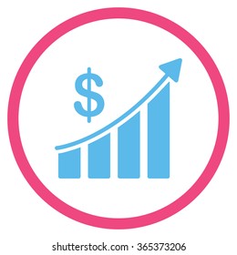Sales Bar Chart vector icon. Style is bicolor flat circled symbol, pink and blue colors, rounded angles, white background.