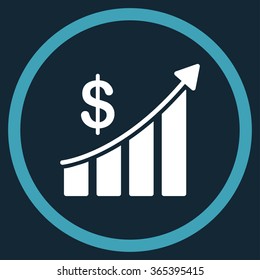 Sales Bar Chart vector icon. Style is bicolor flat circled symbol, blue and white colors, rounded angles, dark blue background.
