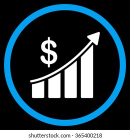 Sales Bar Chart vector icon. Style is bicolor flat circled symbol, blue and white colors, rounded angles, black background.