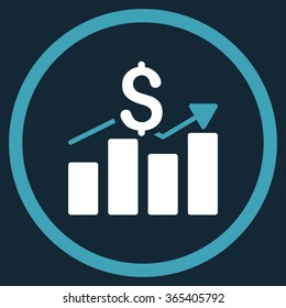 Sales Bar Chart vector icon. Style is bicolor flat circled symbol, blue and white colors, rounded angles, dark blue background.