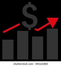 Sales Bar Chart vector icon. Style is flat symbol, red color, black background.