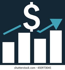 Sales Bar Chart vector icon. Style is bicolor flat symbol, blue and white colors, dark blue background.