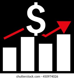 Sales Bar Chart vector icon. Style is bicolor flat symbol, red and white colors, black background.
