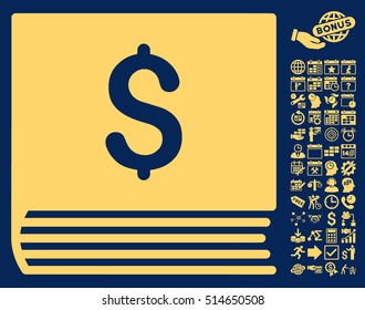 Sales Book icon with bonus calendar and time management elements. Vector illustration style is flat iconic symbols, yellow color, blue background.