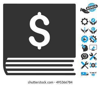 Sales Book icon with bonus tools icon set. Vector illustration style is flat iconic bicolor symbols, blue and gray colors, white background.