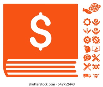 Sales Book icon with bonus tools clip art. Vector illustration style is flat iconic symbols, orange color, white background.