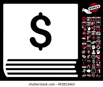 Sales Book pictograph with bonus calendar and time management images. Vector illustration style is flat iconic bicolor symbols, red and white colors, black background.