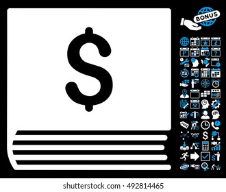 Sales Book pictograph with bonus calendar and time management design elements. Vector illustration style is flat iconic bicolor symbols, blue and white colors, black background.