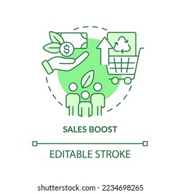 Sales boost green concept icon. Attract customer. Eco-friendly business abstract idea thin line illustration. Isolated outline drawing. Editable stroke. Arial, Myriad Pro-Bold fonts used