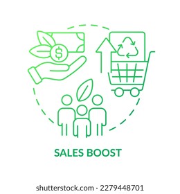 Sales boost green gradient concept icon. Attract customer. Sustainable brand. Encourage eco consumption abstract idea thin line illustration. Isolated outline drawing. Myriad Pro-Bold font used