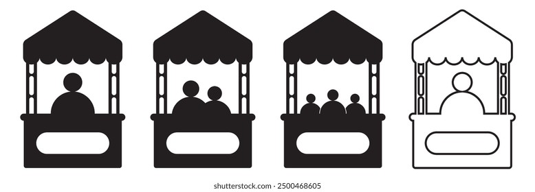 Sales booth icon promo information stall with man line or flat sign. Show ticket window counter vector symbol isolated on white background black filled and outlined style. EPS 10